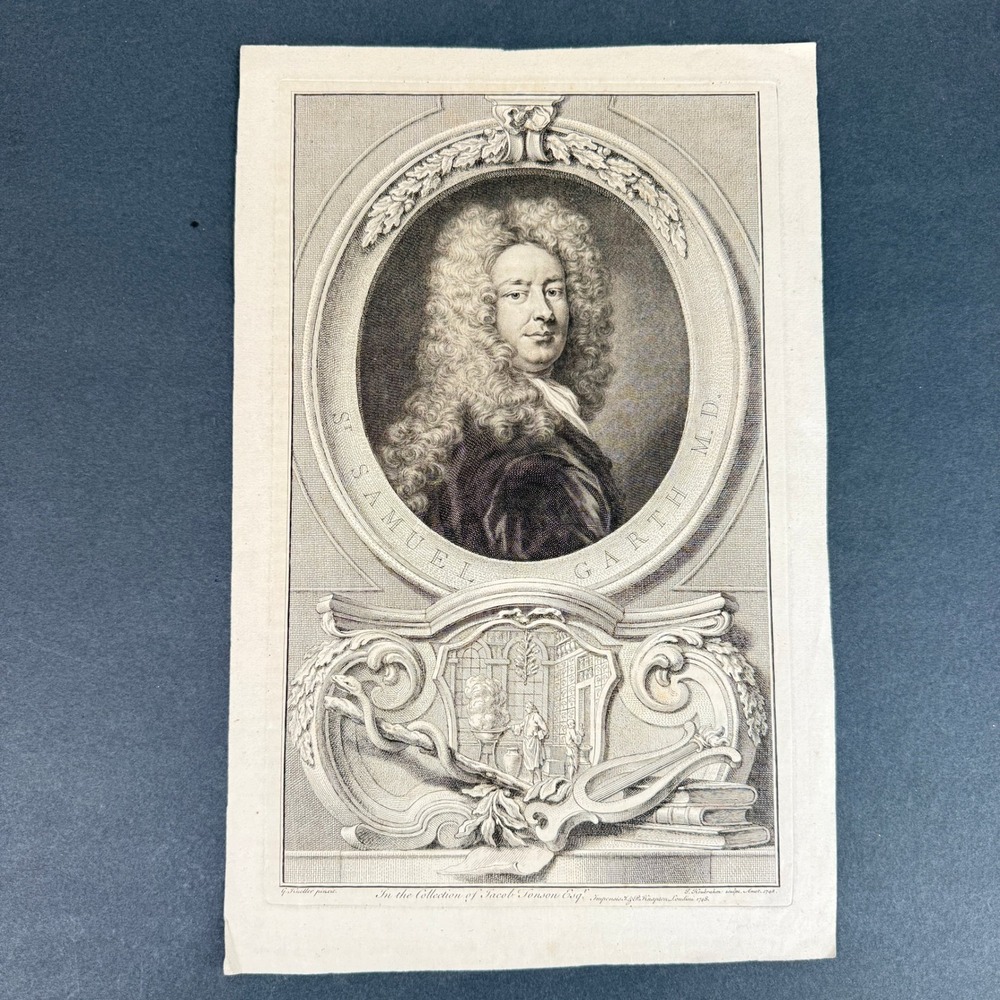 1748 Samuel Garth Portrait Engraving by J. Houbraken after Kneller Antique